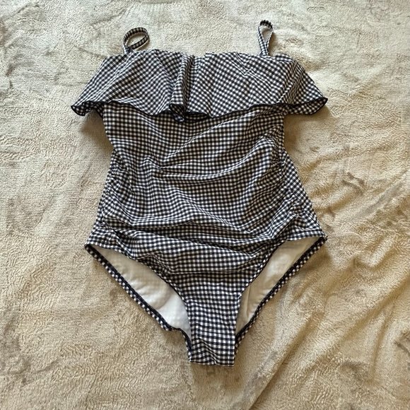 Kona Sol navy and white gingham pattern 1 piece printed swim suit Size L - Picture 1 of 8
